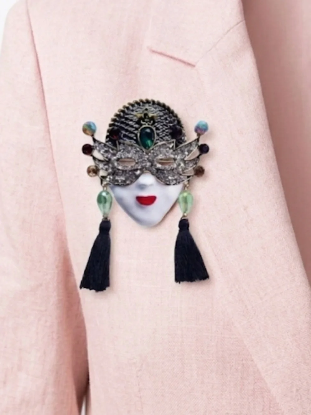 Victorian Style Masquerade Face Brooch with Emerald Green Gem & Tassels New